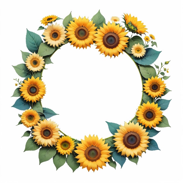 Hermoso marco floral circular hecho de girasol aislado sobre fondo blanco