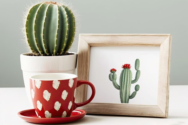 Foto hermoso marco de fotos de madera de cactus y taza de café roja sobre una mesa de madera blanca