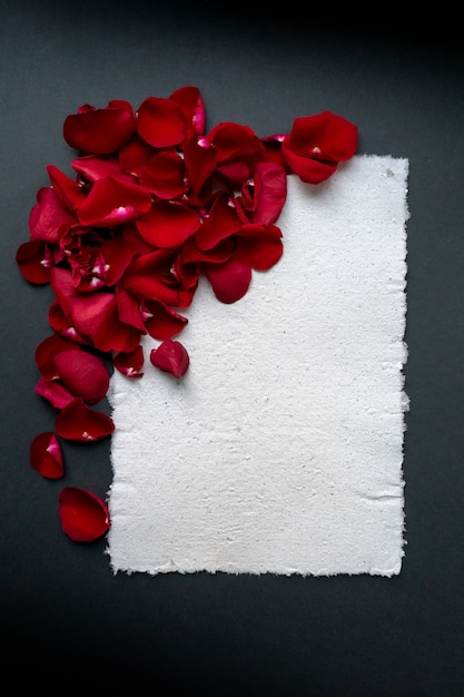 Hermoso marco de pétalos de rosas rojas con lugar para el texto. Hoja de papel hecha a mano, superficie texturizada. Tarjeta de felicitación para las vacaciones.