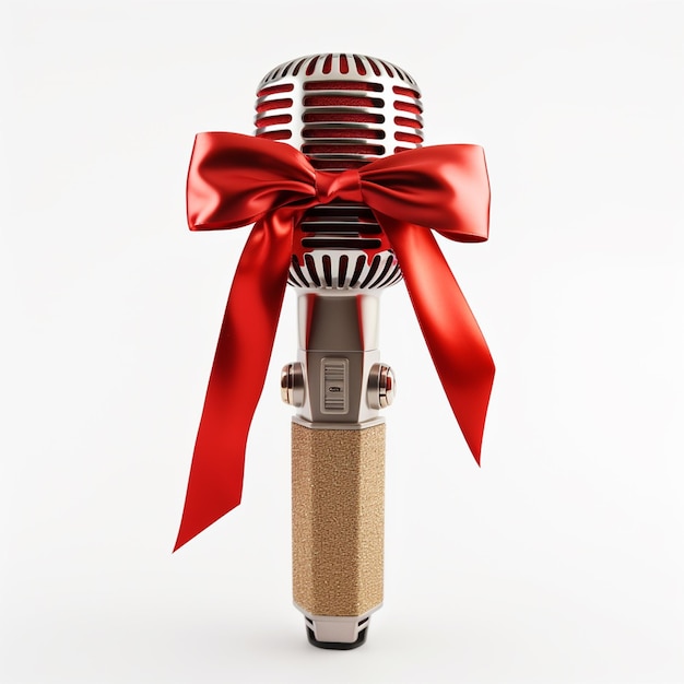 Un hermoso micrófono vintage con cinta roja