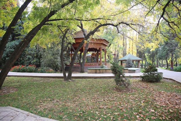 hermoso mirador oriental de madera en el parque