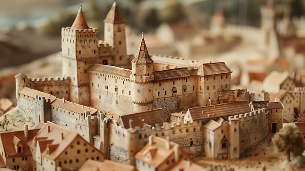 Un hermoso modelo de un castillo medieval con detalles intrincados El castillo está rodeado por un foso y tiene una gran puerta de entrada