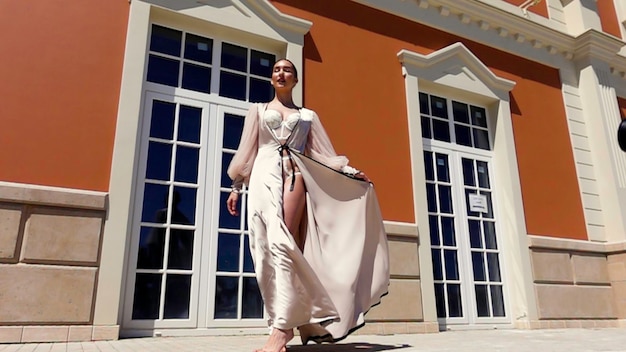 Foto hermoso modelo joven en ropa interior y bata de baño acción una mujer de pie junto a un edificio naranja