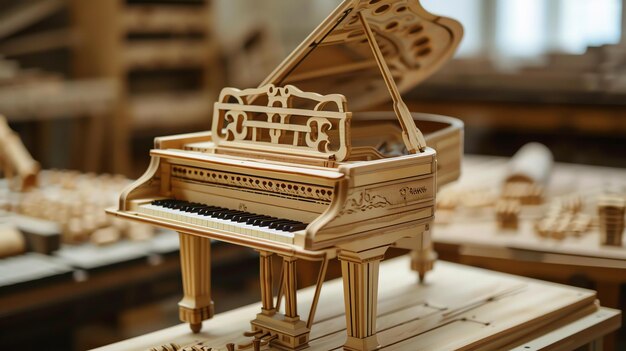 Foto un hermoso modelo de madera de un piano de cola el piano está hecho con detalles intrincados y tiene un acabado pulido