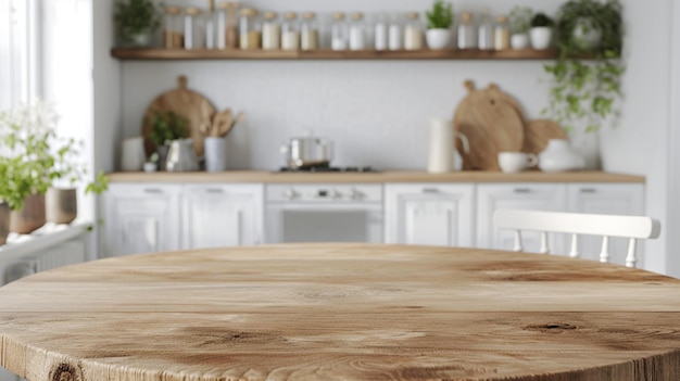 Hermoso mostrador vacío de madera redonda en el interior de una cocina limpia y luminosa Ai Generative