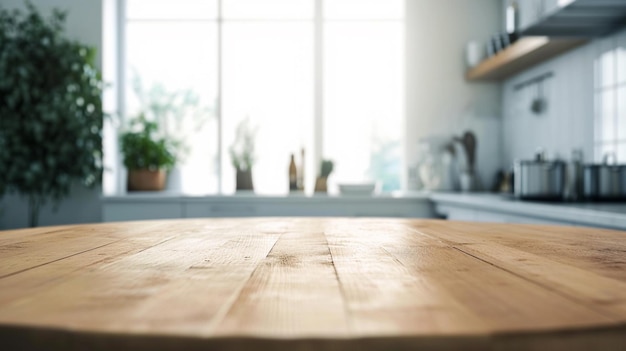 Hermoso mostrador vacío de madera redonda en el interior de una cocina limpia y luminosa Ai Generative