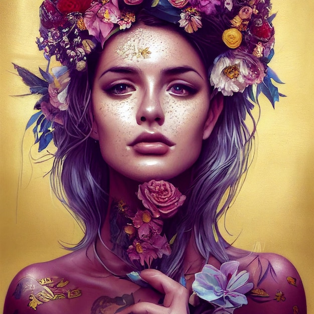 hermoso, mujer, retrato, con, flores, 3d, interpretación