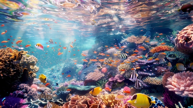 Un hermoso mundo submarino con corales y coloridos peces tropicales