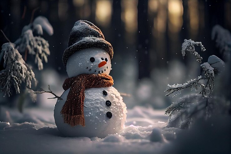 Hermoso muñeco de nieve en el bosque de invierno al atardecer Navidad backgroundgenerative ai
