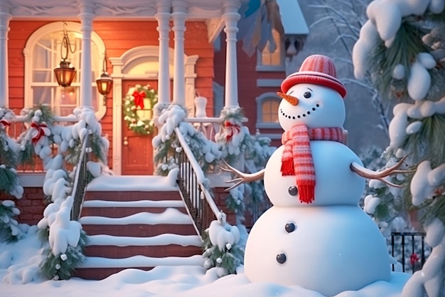 Un hermoso muñeco de nieve cerca de una casa decorada para Navidad Colores cálidos de la imagen
