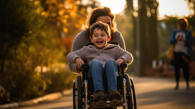 Un hermoso niño con discapacidad camina en silla de ruedas con su madre al atardecer Un niño con discapacidad