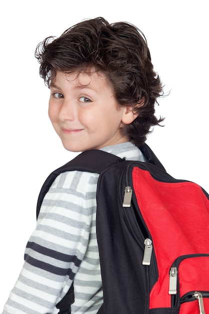 Hermoso niño estudiante con mochila pesada