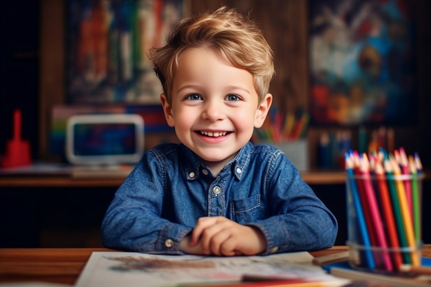 Un hermoso niño pequeño se sienta en un escritorio de la escuela y sostiene un cartel que dice de vuelta a la escuela IA generativa