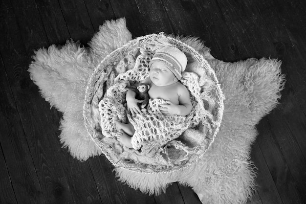 Hermoso niño recién nacido 20 días duerme en una canasta Retrato de niño bonito recién nacido