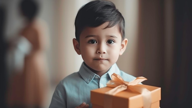 Hermoso niño sosteniendo una caja de regalo Retrato niño niño sosteniendo una caja de regalo de cumpleañosAIgenerated