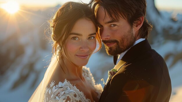 El hermoso novio y la novia en el arreglo de la boda en la montaña nevada por la noche