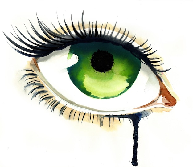 Hermoso ojo verde llorando. Dibujo a tinta y acuarela