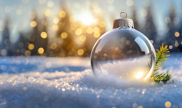 Foto un hermoso ornamento de navidad globo de nieve en la nieve al amanecer