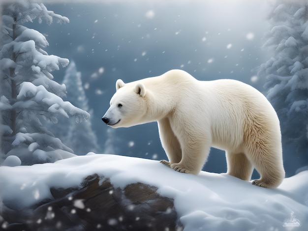 hermoso oso blanco sobre un fondo invernal con nieve a contraluz