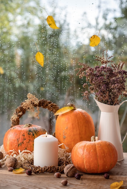 Hermoso otoño bodegón con calabazas, una vela y un ramo de flores secas