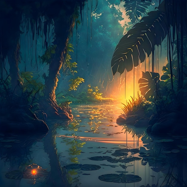 Hermoso paisaje al atardecer ilustración de la selva amazónica