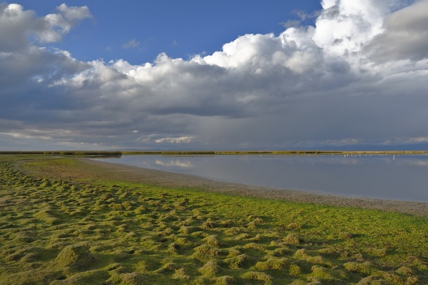 Hermoso paisaje al atardecer a orillas del lago Junín