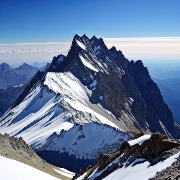 Hermoso paisaje alpino con picos nevados en las nubes