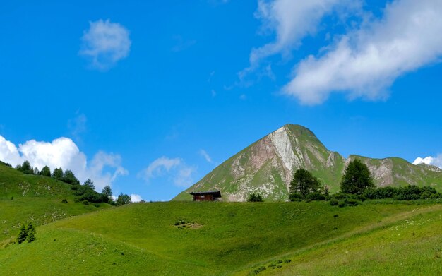 Hermoso paisaje alpino con prados verdes, cabañas alpinas y picos montañosos,