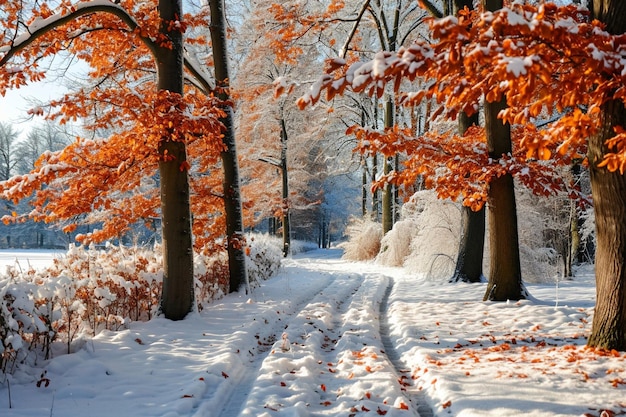 Foto hermoso paisaje de árboles de otoño durante el invierno