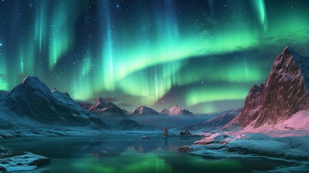 Hermoso paisaje con aurora boreal