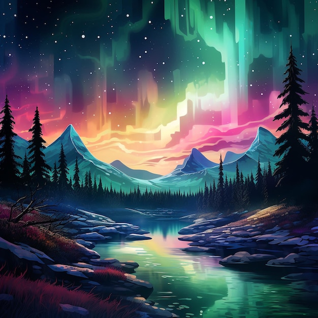 hermoso paisaje con aurora boreal