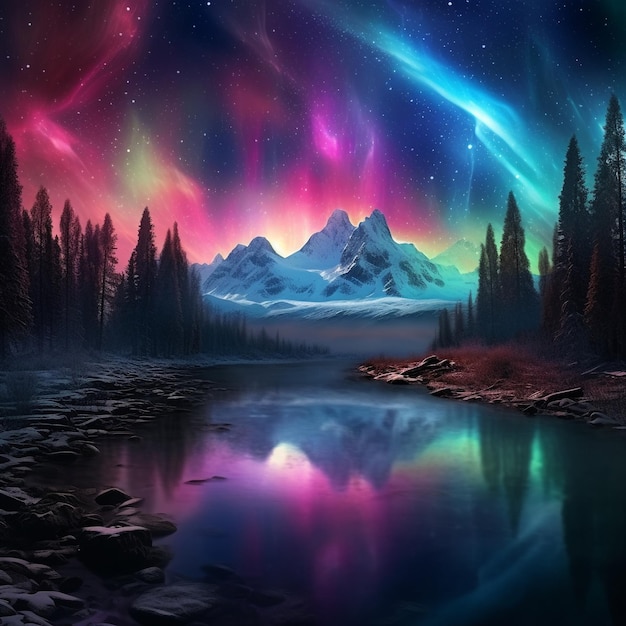 hermoso paisaje con aurora boreal