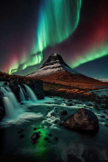 Hermoso paisaje de auroras boreales Aurora boreal sobre montañas reflejadas en el mar