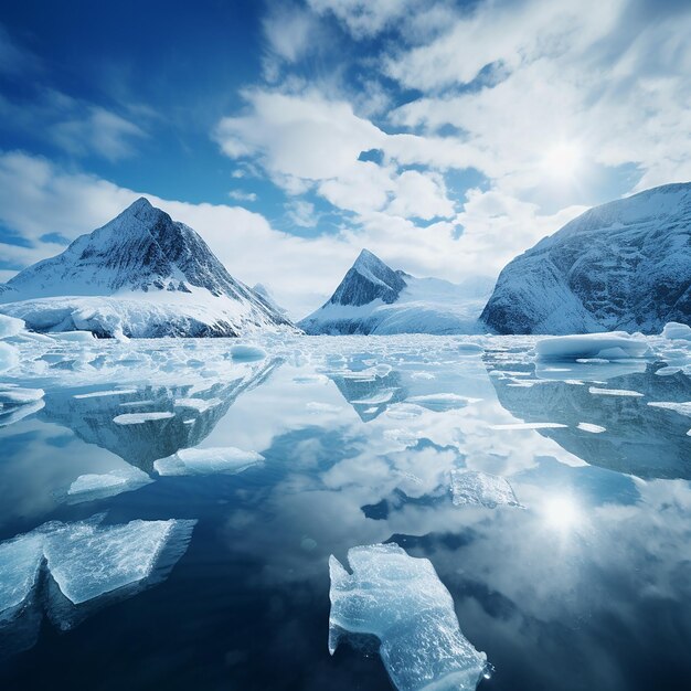 Foto hermoso paisaje de bloques de hielo sobre el lago entre las montañas