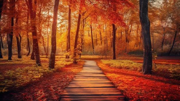 Hermoso paisaje boscoso en el otoño completo con hermosos árboles un camino agradable y luz solar La IA generativa