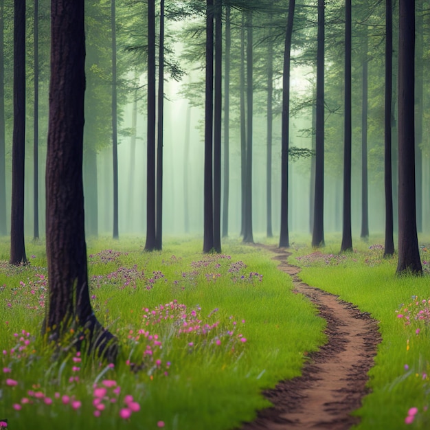 Hermoso paisaje de bosque con flores.