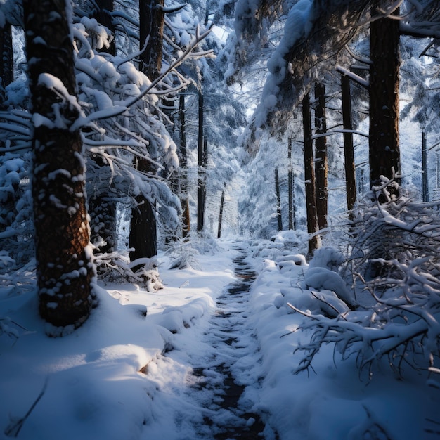 Hermoso paisaje camino nevado en el bosque entre los árboles temporada de invierno IA generativa
