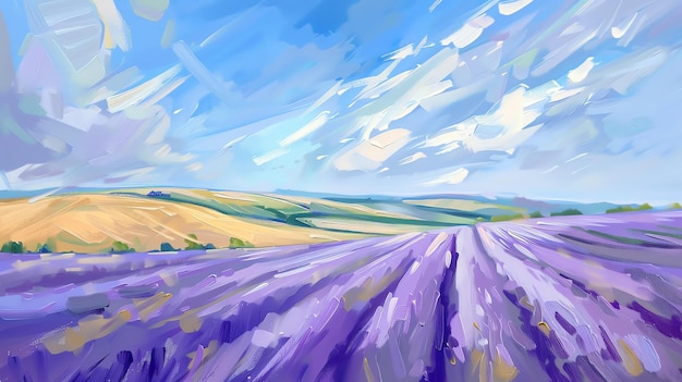 Foto un hermoso paisaje de un campo de lavanda en plena floración las flores púrpuras se encuentran contra un telón de fondo de colinas verdes y cielo azul