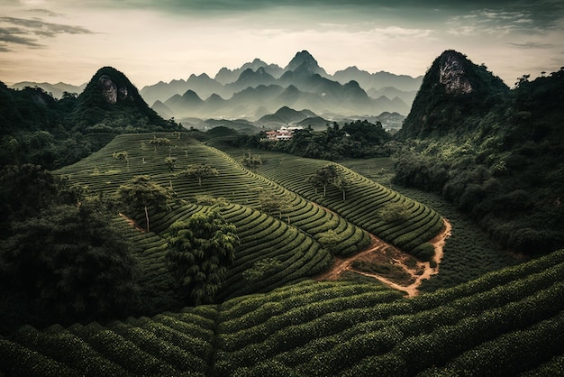 Hermoso paisaje de campo de té