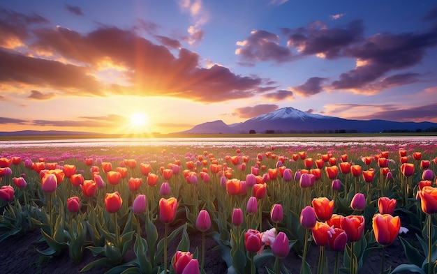 El hermoso paisaje de un campo de tulipanes bajo el sol