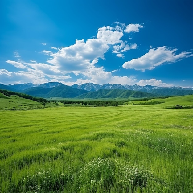 Hermoso paisaje de campo verde con cielo azul y montañas en el fondo Fotografía de alta calidad