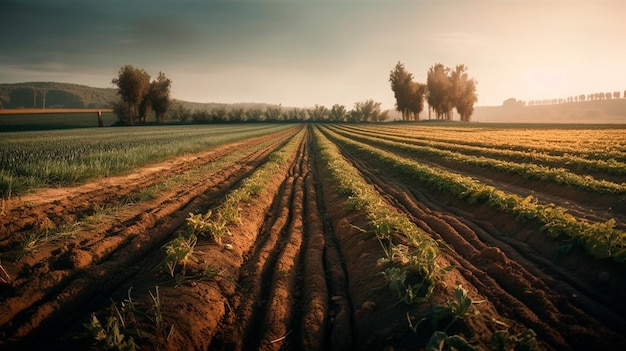 Hermoso paisaje de campos agrícolas Cultivo de cultivos producción de alimentos y materias primas IA generativa