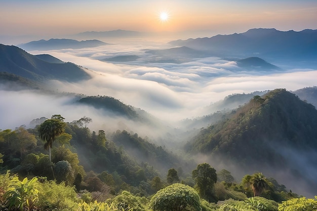 Hermoso paisaje de la capa de montaña en el rayo del sol de la mañana y la niebla de invierno en Doi Hua Mae Kham Mae Salong Nai Chiangrai Tailandia