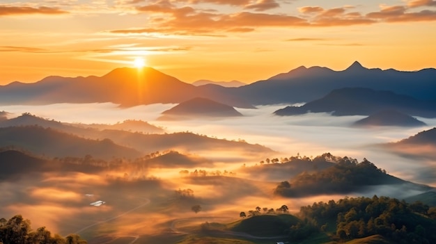 Hermoso paisaje de capa montañosa bajo el sol de la mañana