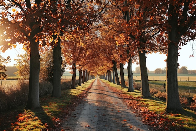 Foto hermoso paisaje de una carretera en un bosque con muchos coloridos árboles otoñales