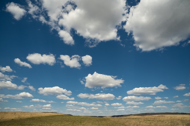 Hermoso paisaje de cielo azul con nubes y campo en Ucrania