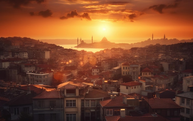 Hermoso paisaje de la ciudad de estambul con mezquita azul a la luz del atardecer IA generativa