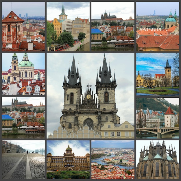 Hermoso paisaje de la ciudad de Praga, República Checa. Collage de la ciudad vieja