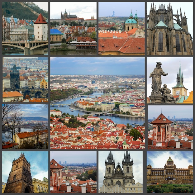 Hermoso paisaje de la ciudad de Praga, República Checa. Collage de la ciudad vieja