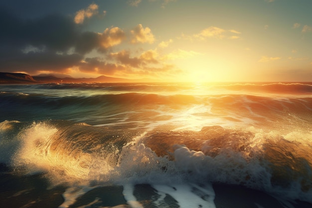 Hermoso paisaje con coloridas olas del mar puesta de sol sobre la luz de la playa y nubes sobre el fondo del estado de ánimo de verano generativo AI